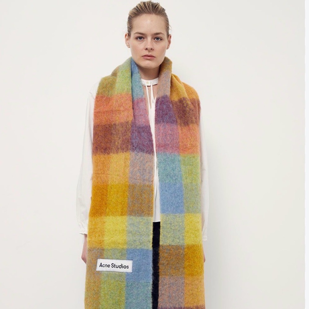 Acne Multicolor Check Mohair-Blend Scarf with Pastel Blocks